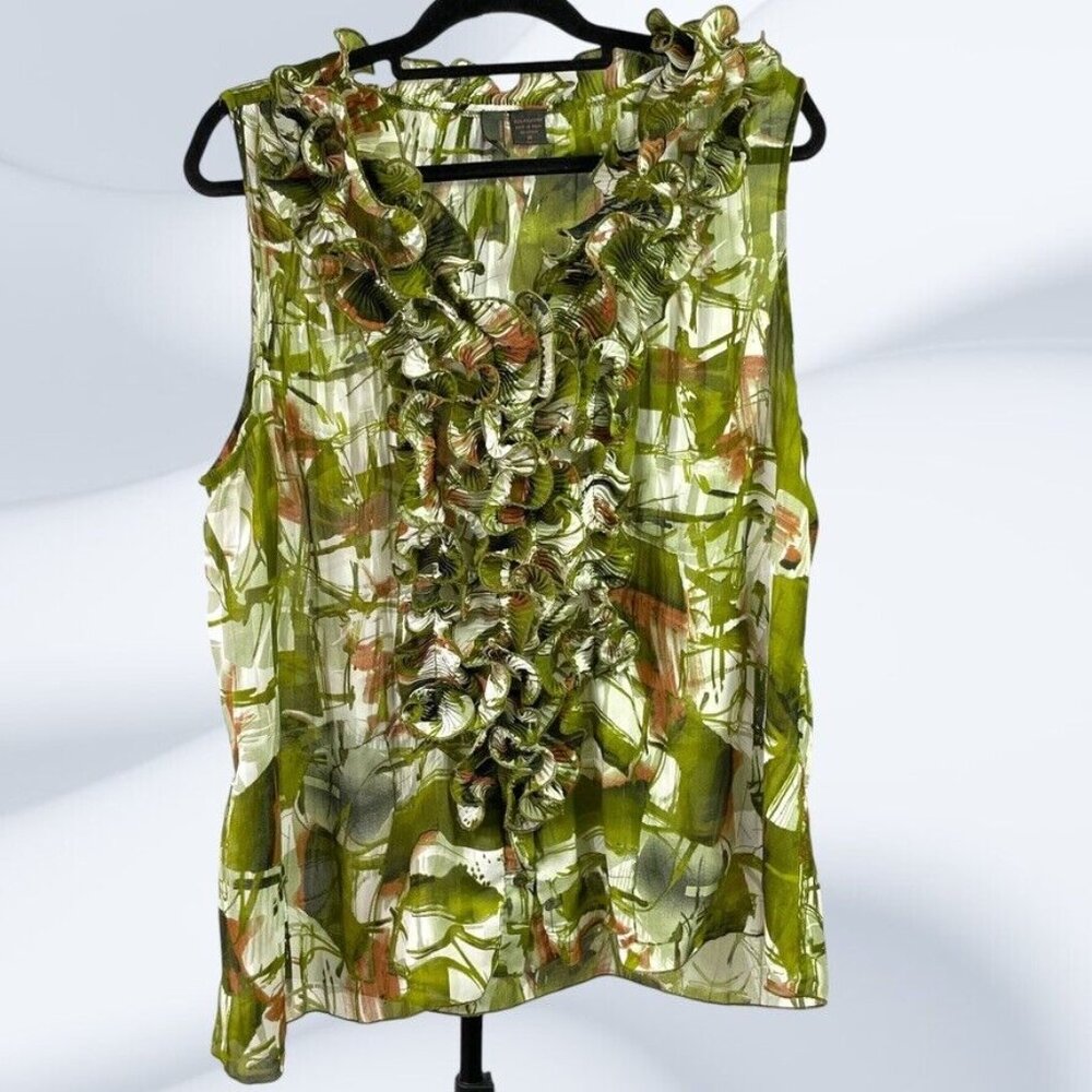 Serenade‎ NY Womens Green Brown Ruffled Slvless Fit Flare Button Top Size 1XL